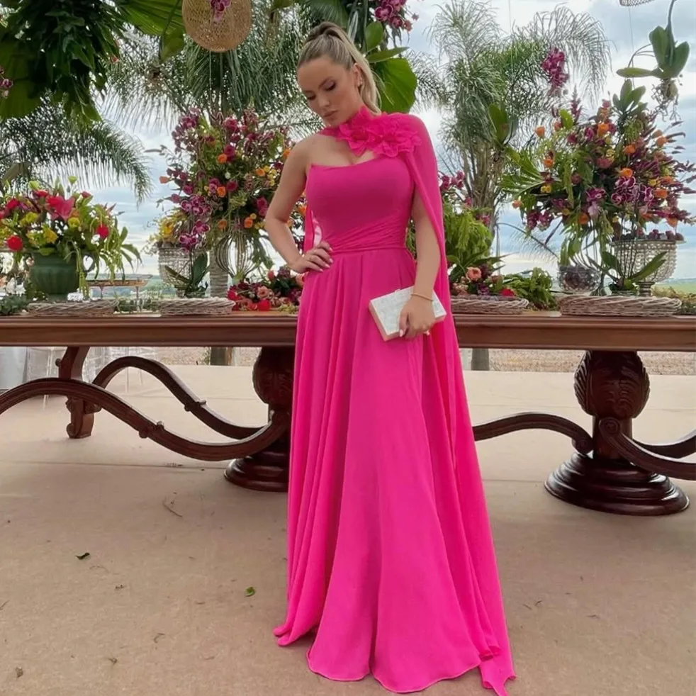 

Customized Long Chiffon Evening Dresses with Cape/Flower A-Line Sleeveless حزب اللباس Floor Length Prom Dresses for Women