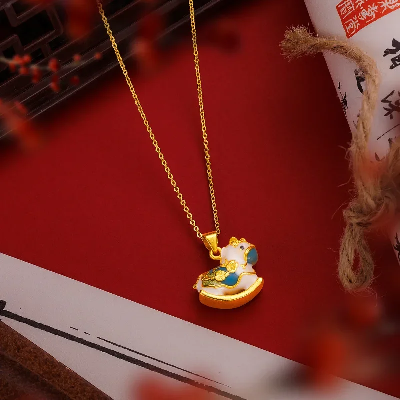 Fine 18kt Gold Color Colorful Cartoon Rocking Horse Necklace Pendant for Women Pendant Birthday Party Fine Jewelry Gifts