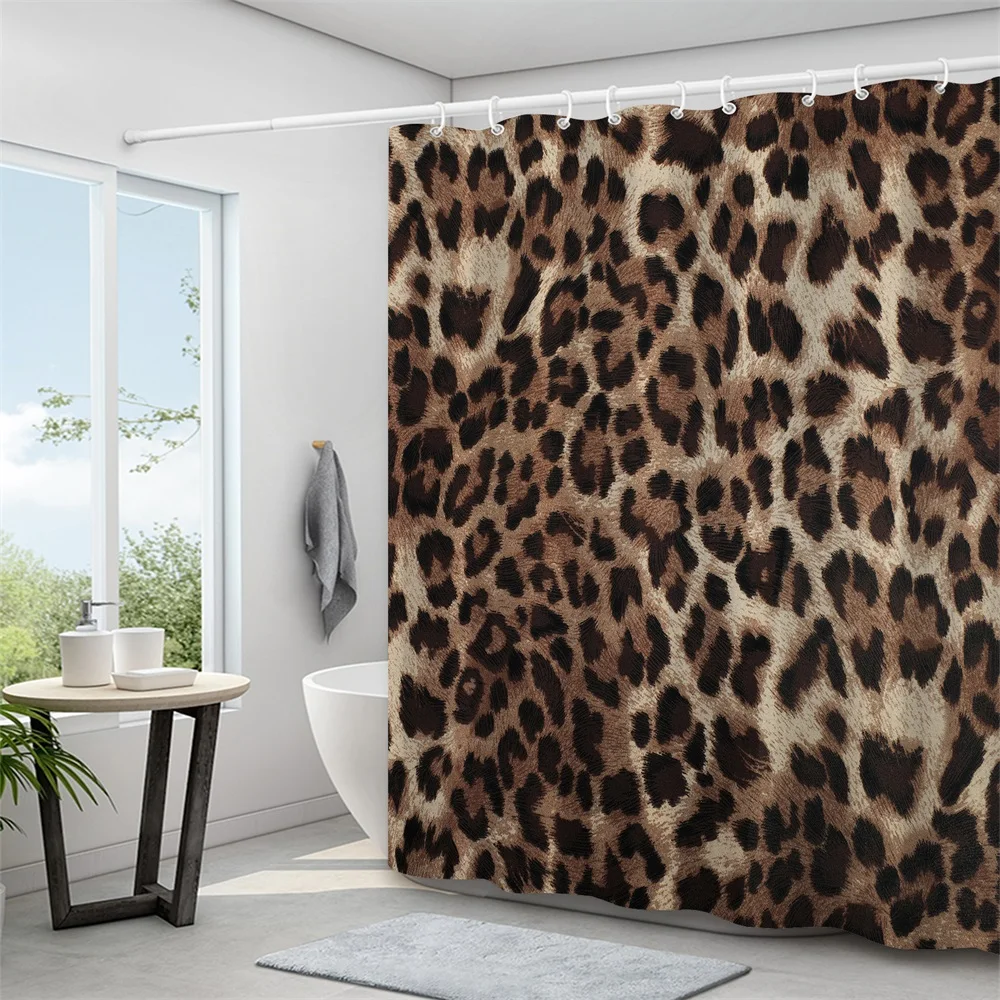 1PC, fine leopard print, modern home bathroom waterproof shower curtain with 12 plastic hooks, 71in*71in