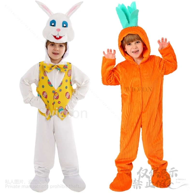 2024 Halloween Costume Boy Carrot Cosplay Girl Hooded Rabbit Animals Pajamas Jumpsuit Cos Furry White Bunny Costume For Child