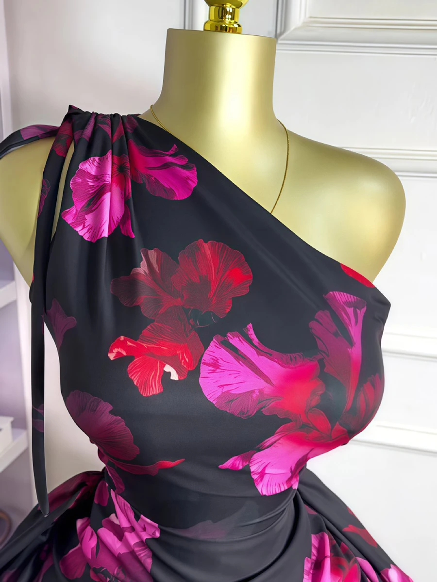 فساتين ZIML كلاسيكية مكشكشة مطبوعة للتخسيس للنساء بياقة مائلة بدون أكمام وخصر عالٍ فستان ربيعي أنيق موضة نسائية #3