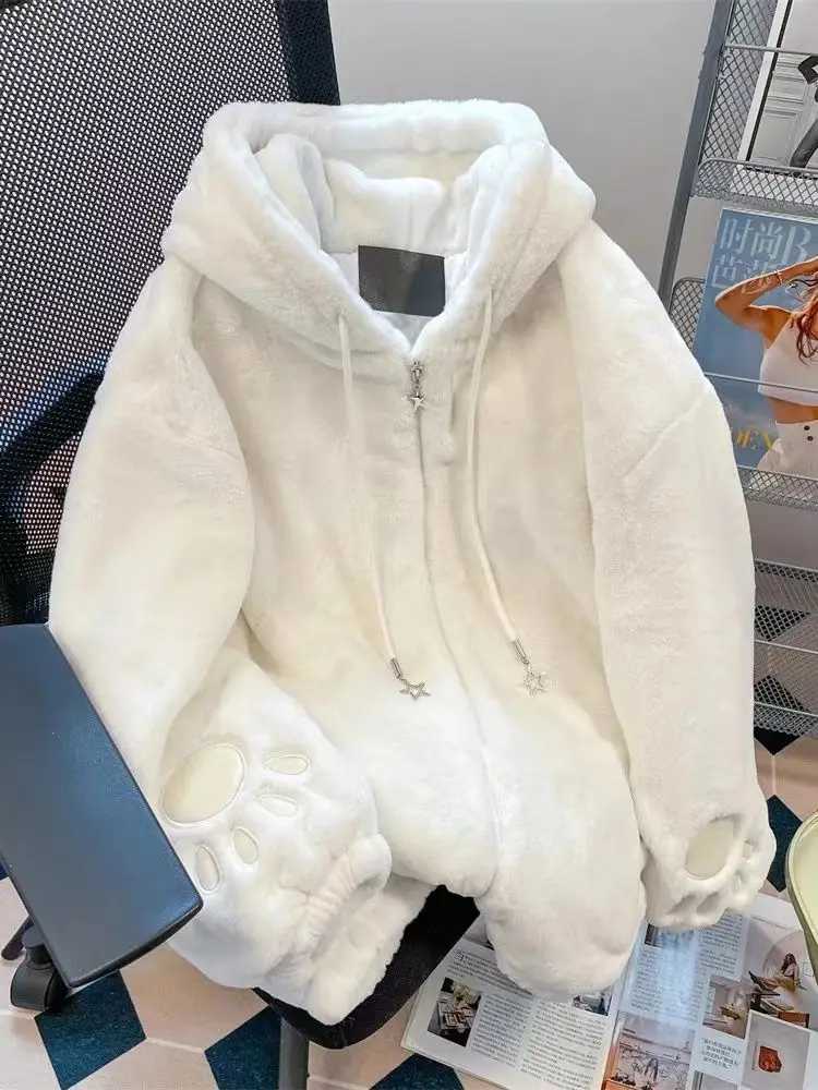 Gagarich coreano carino dolce orecchie di coniglio piccolo orso cappotto donna inverno bianco con cappuccio spessa lana di agnello Harajuku vestiti