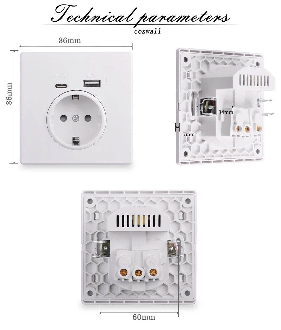 COSWALL Type-C Interface Outlet, Wall PC / Acrylic Panel EU Russia Spain French Standard Socket With USB Charge Port White Black