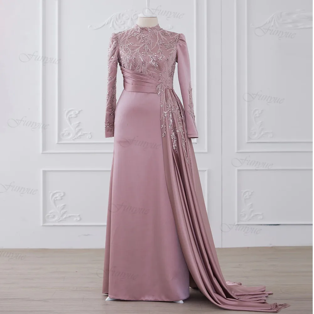 

Abendkleider Luxus 2024 Hijab Evening Dress High Neck A-Line Satin Beaded Lace Formal Dress Party Elegant فساتين السهرة