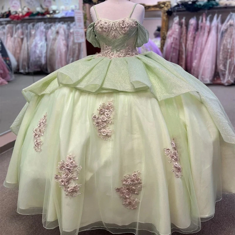 

Sage Green Shiny Princess Quinceanera Dresses 2024 Flower Appliques Lace-up Corset Off shoulder Vestidos De 15 Años Prom