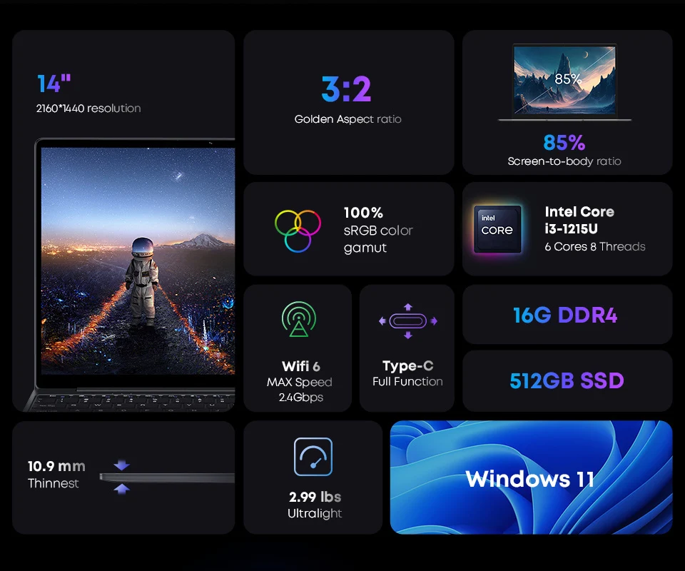 CHUWI CoreBook X ألعاب الكمبيوتر المحمول Intel Core i3-1215U 6 النوى 8 المواضيع 16GB RAM 512GB SSD 14 بوصة FHD Windows 11 الكمبيوتر المحمول Wifi6