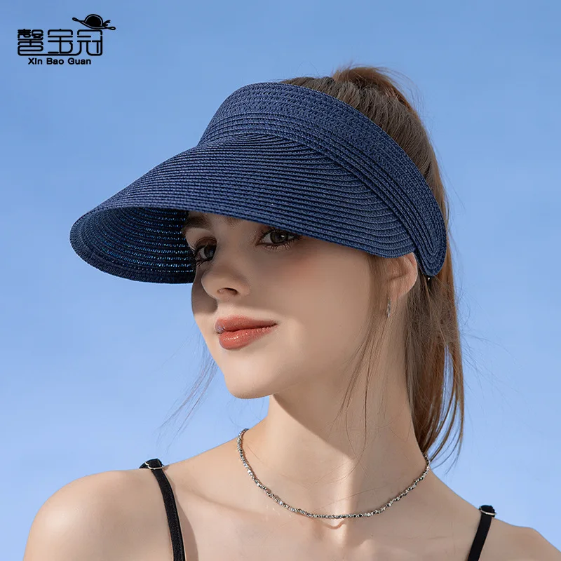 UPF50+ Wide Brim Visor Hat for Women Straw Beach Sun Visor Foldable Ponytail with UV Protection