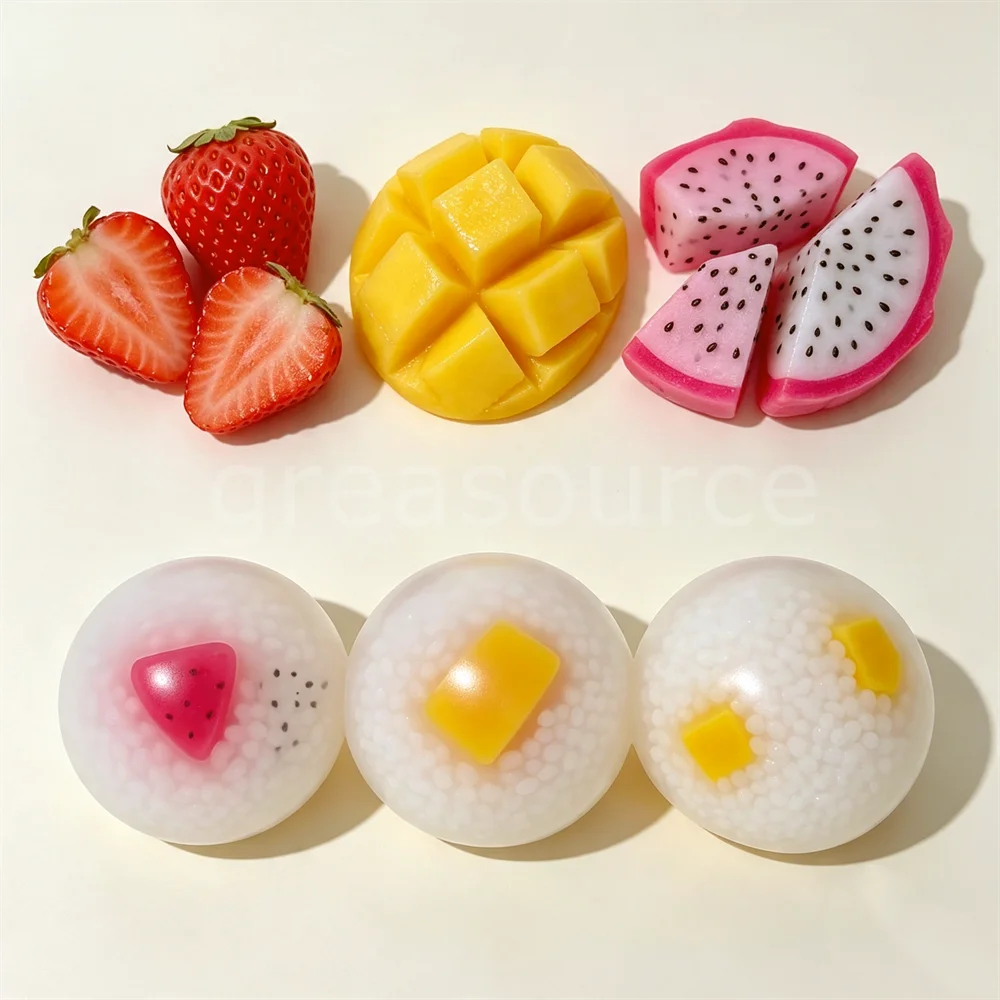 PVC Fake Fruit Accessories Handmade Sticky Rice Balls Artificial Mango Cubes Strawberry Halves Dragon Fruit Cube Simulation Faux