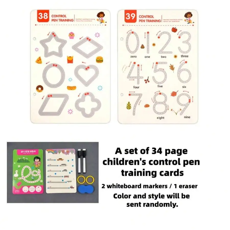 34-Page Learning And Training Cards (Includes 2 Erasable Pens) - Reusable Practice Pages Suitable For Numbers, Letters, Tracing, And Writing Skills, With Color-Coded Pages, Ideal For Home Teaching And Education - Erasable Pens Included