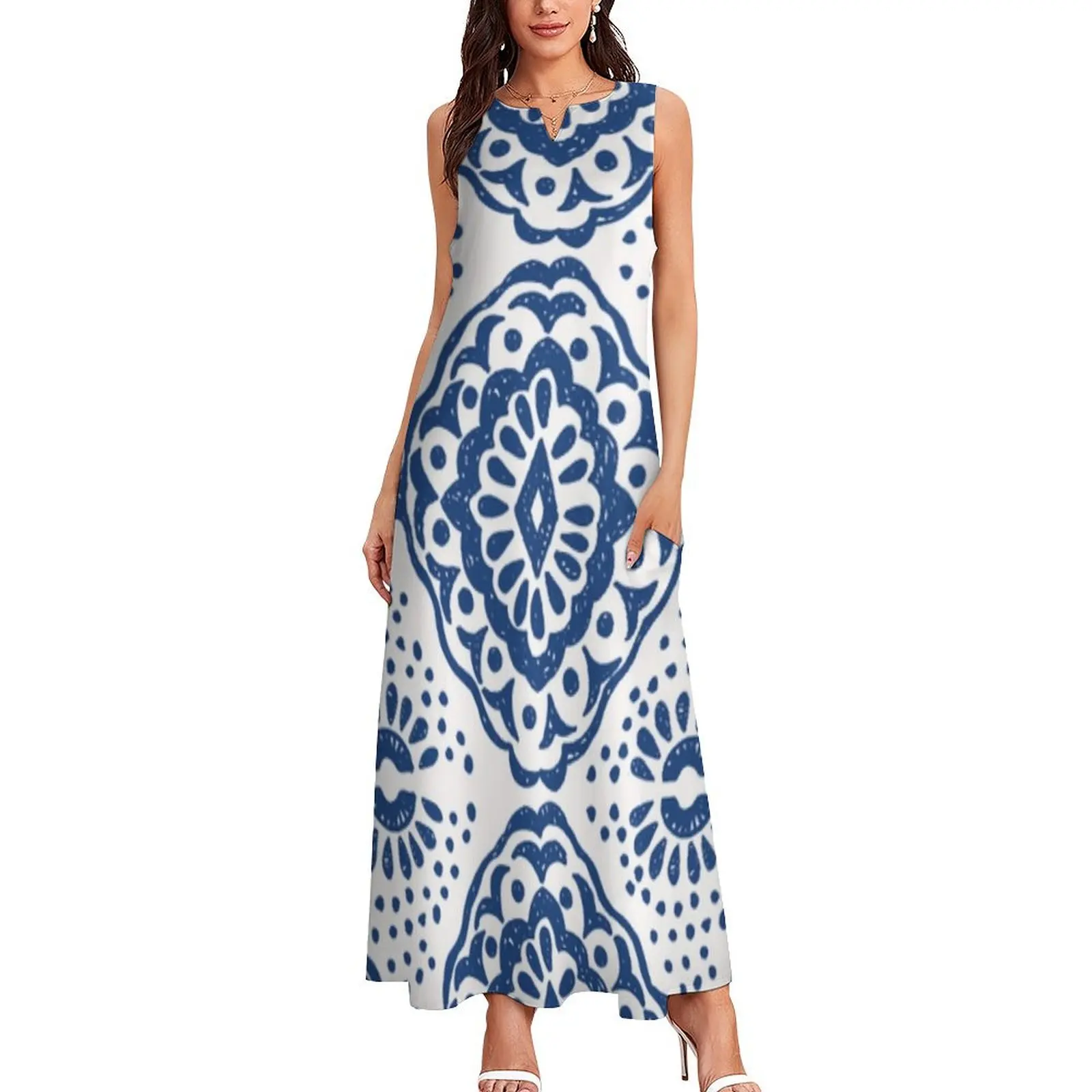 Blue and White Portuguese Tile Long Dress luxury woman party dress Female dress