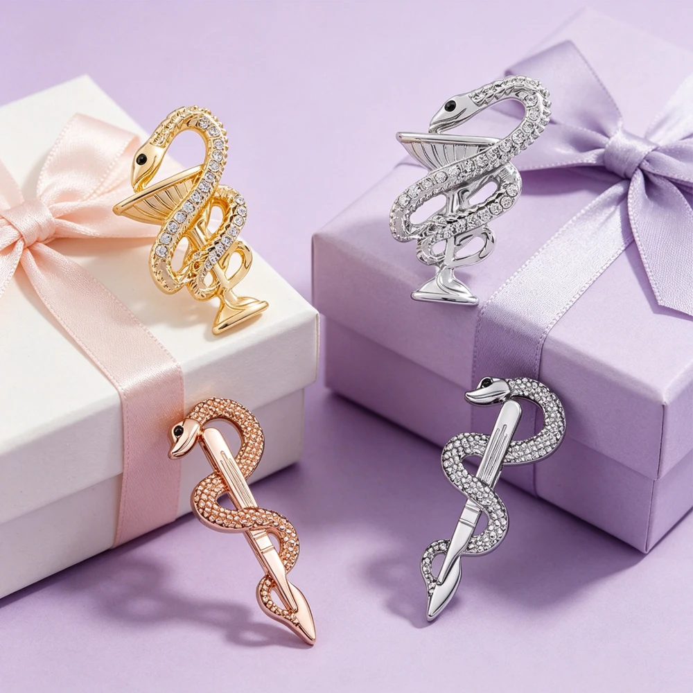 Elegant Medical Snake Brooch Crystal Inlaid Scepter Pins  Medical Symbol Tie Accessories Jewelry Gifts For Pharmacists