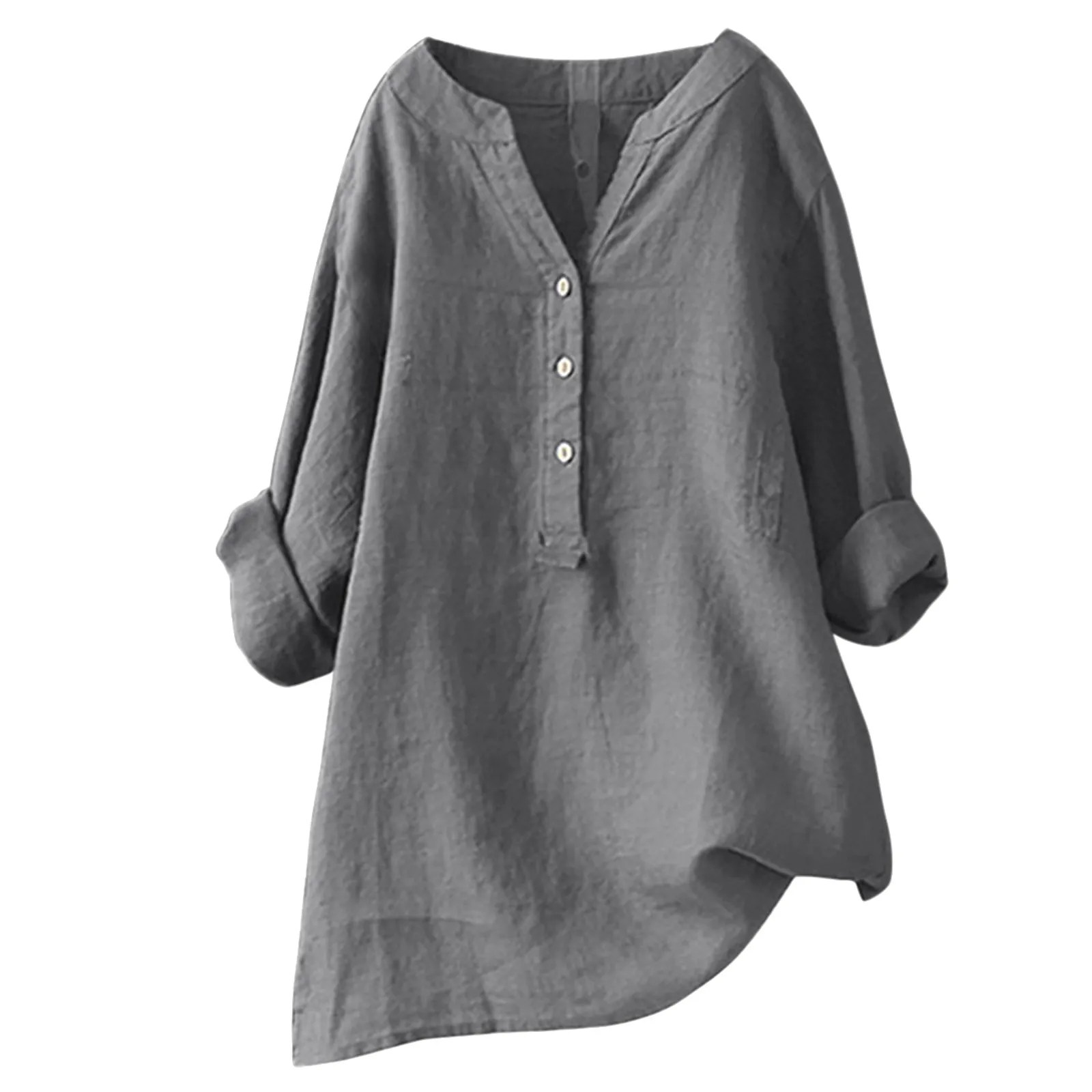 Cotton Linen Blouse Women\'s Shirt Solid Color Button V Neck Casual Loose Shirt Soft Autumn Spring Long Sleeved Baggy Tunic Tops