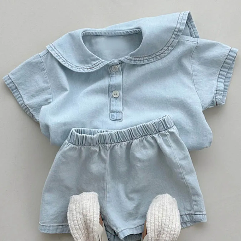 summer-children's-set-denim-blue-girl-short-sleeved-top-and-shorts-stylish-college-lapel-loose-casual-boy-baby-denim-set