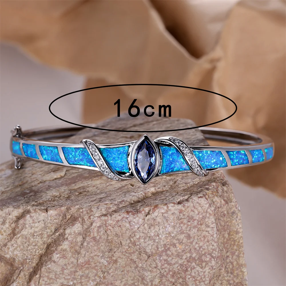 Royal Blue Crystal Marquise Stone Bangle Blue Fire Opal Bracelets For Women Vintage Silver Color Wedding Engagement Jewelry Gift