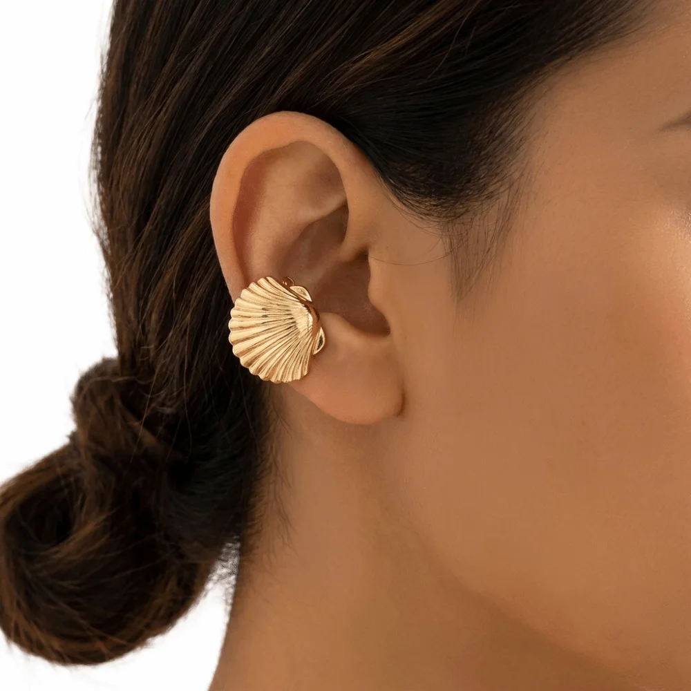 Hip Hop Flower C Shape Ear Cuff Golded Metal Starfish Shell Ring Clip Irregular Shape Vacation Style Gold Jewelry Women