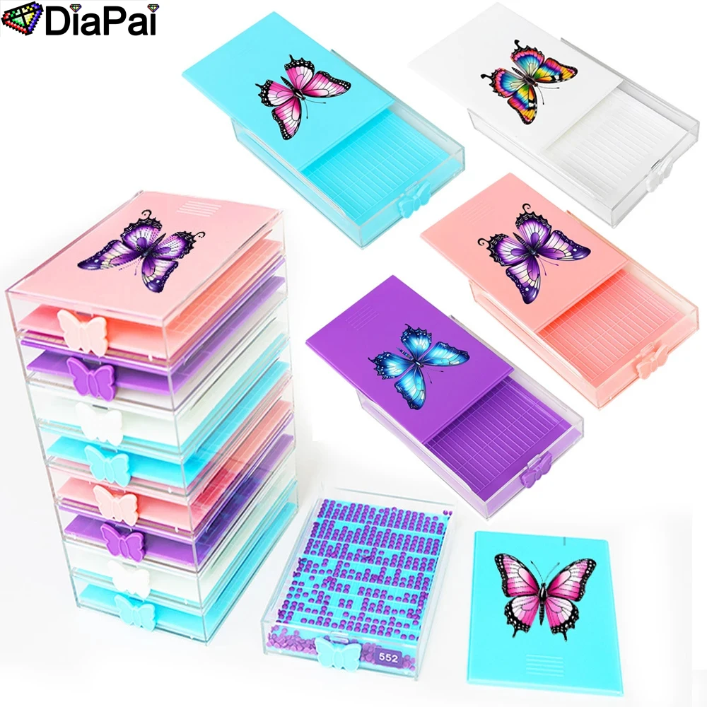 DIAPAI New Butterfly Stackable Diamond Painting Tray Kits With Brush Spoon, Drill Beading Three Mode Art Plate Cross Stitch Tool