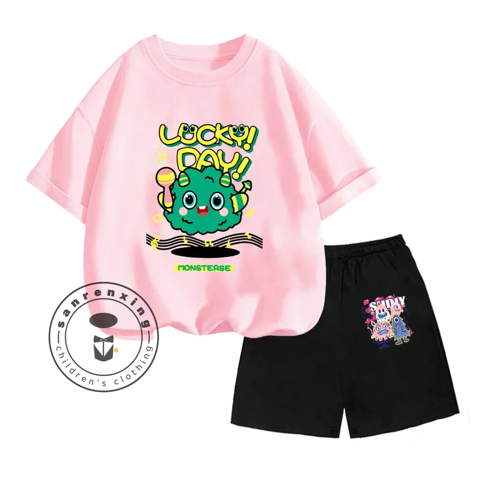 

2024 Summer Lucky Day Alphabet Monster Cartoon Pattern Print Design O-neck Sweet Short Sleeve and Shorts Two-piece Set for Kids