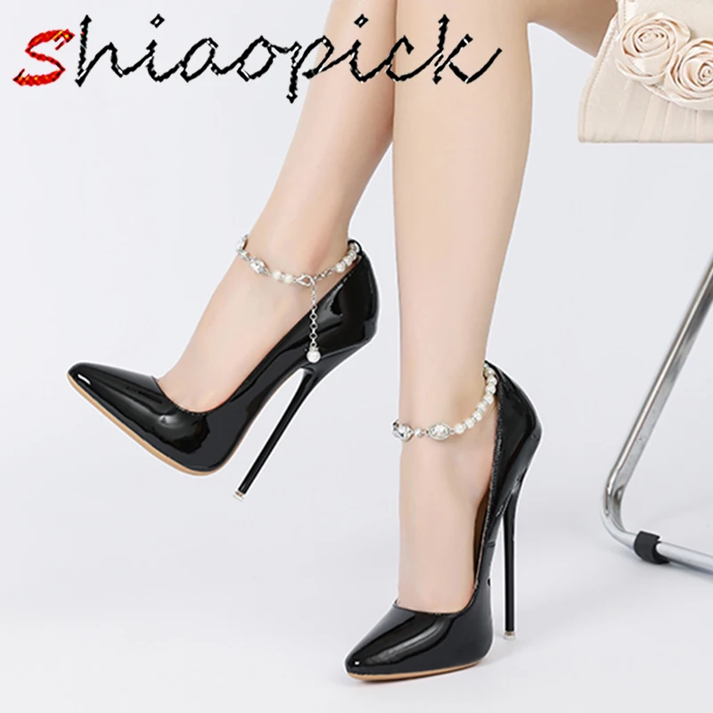 

Colour Customize Newly 16cm Extreme High Heels Fashion Design Stilettos Fetish Shiny Pearl Ankle Strap Pumps Cross Dresse Man