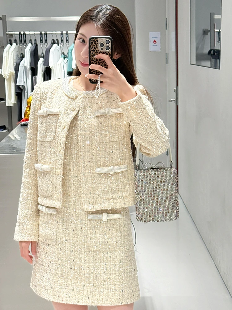 

SelfSP 2026 Новая теплая вязаная верхняя одежда с длинными рукавами Dr Ele Lady Sli во французском стиле, украшенная стразами, с высокой талией