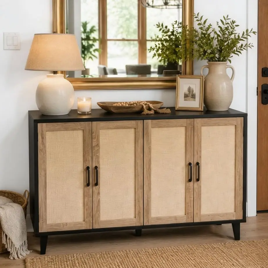 Buffet Sideboard Cabinet with 4 Doors & Adjustable Shelves, Rattan Coffee Bar Console Table for Kitchen Entryway, Customized