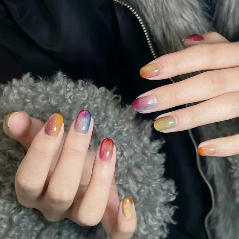 Prensa de olho de gato doce nas unhas, unhas falsas em gel, unhas coloridas fofas, unhas removíveis, unhas quadradas curtas a médias, unhas reutilizáveis