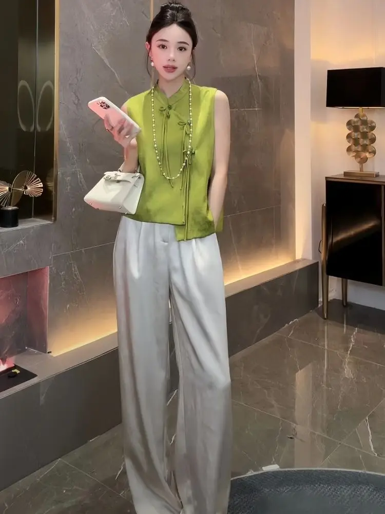 

New Chinese Sle Set Women Summer National Sle Stand Collar Button Svel High Waist Wide Leg Pants Two Piece Set