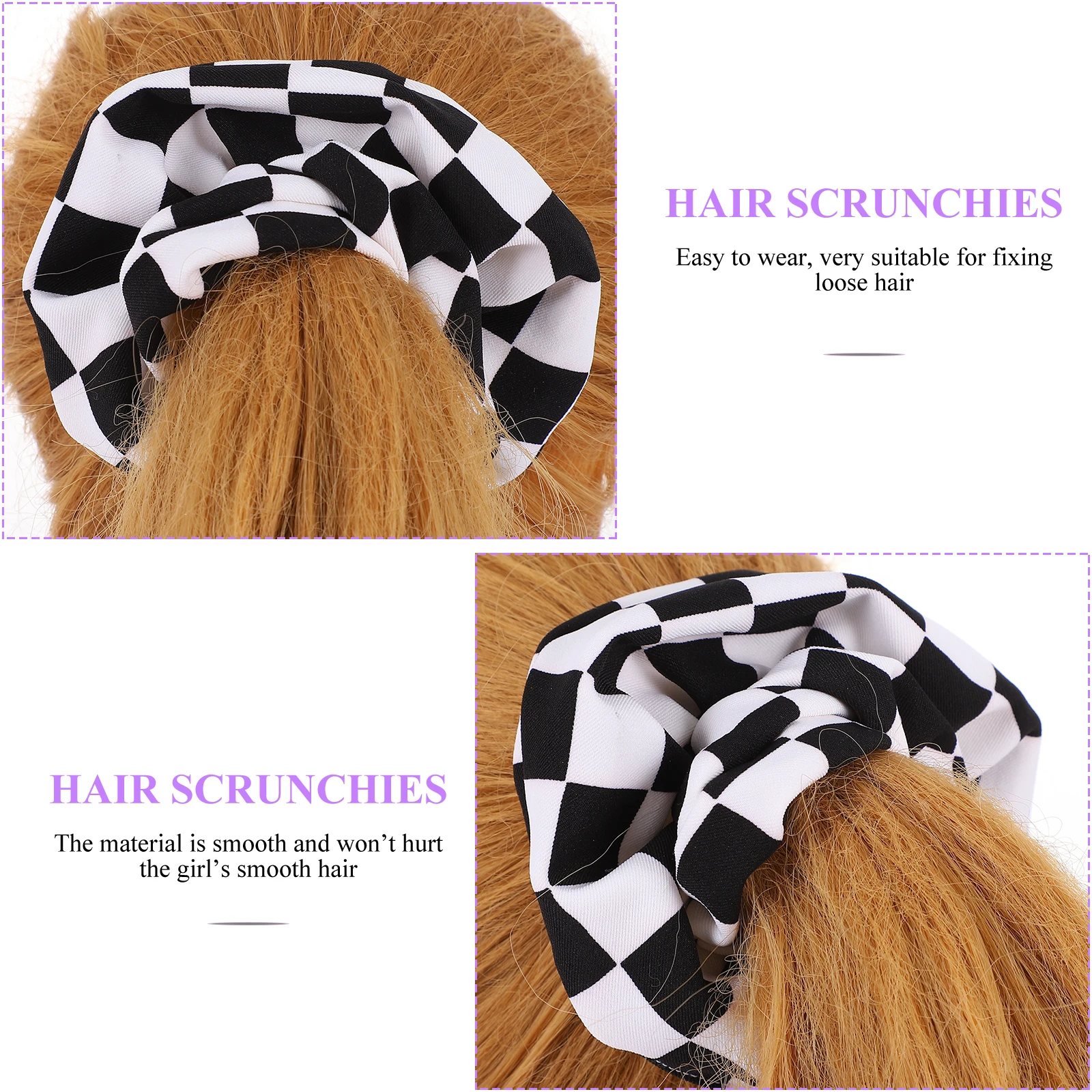 

2 pcs Black White Plaid Hair Scrunchies Chessboard Pattern Chiffon Elastic Hairbands Girls Ponytail Cuff Curly Ties Accessories