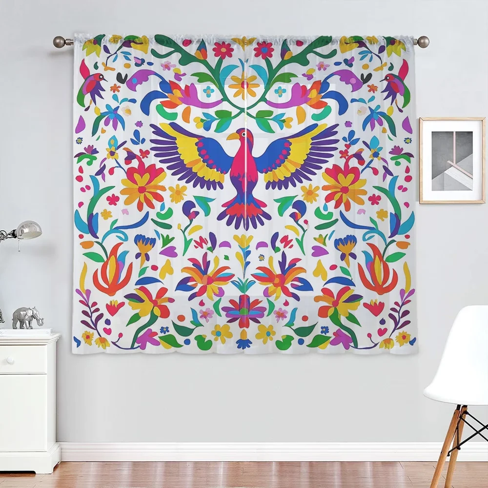2PCS Digital Printing Sheer Curtain, Mexican Folk Art Birds Flowers Pattern, Vibrant Ethnic Bohemian Fiesta Living Room Decor - view 4