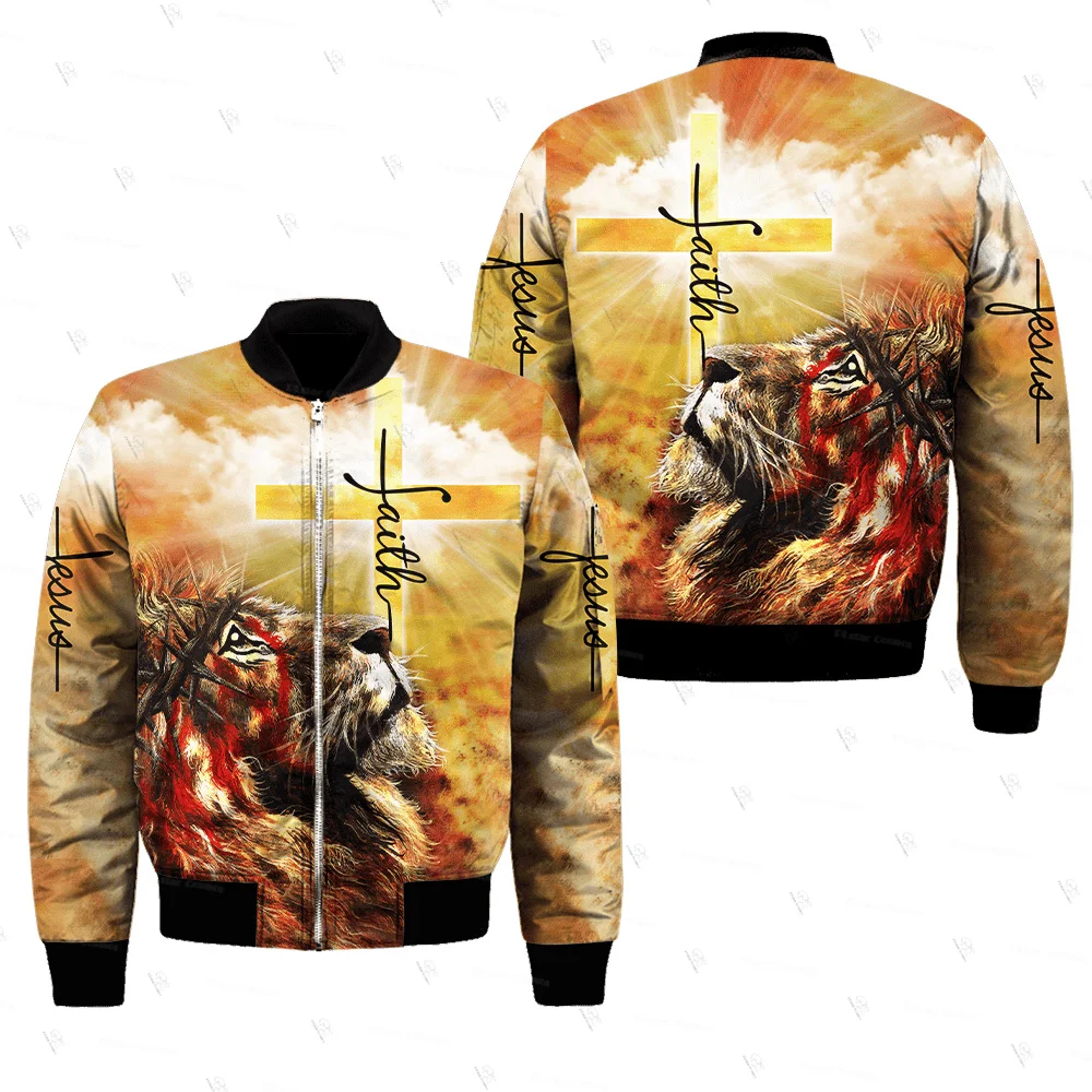 Custom Name Animal King Lion Jesus Cosplay Tattoo Vintage Retro Winter Overcoat 3DPrint Windbreaker Casaul Funny Bomber Jacket X