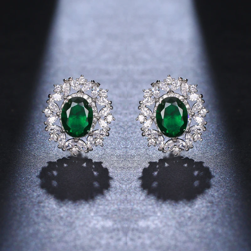 JMK Fashion Emerald Cubic Zircon Green Stone Silver Plated Stud Earrings For Women Bridal Wedding Jewelry Party Accessories Gift