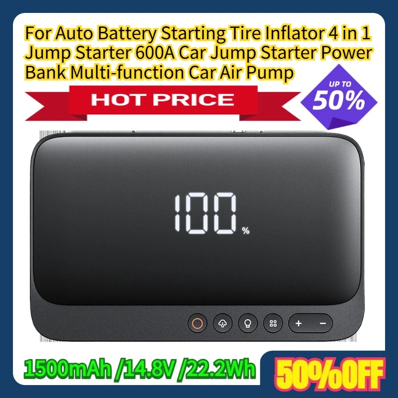 

For Auto Battery Starting Tire Inflator 4 in 1 Jump Starter 600A Car Jump Starter Power Bank Multi-function Car Air Pump