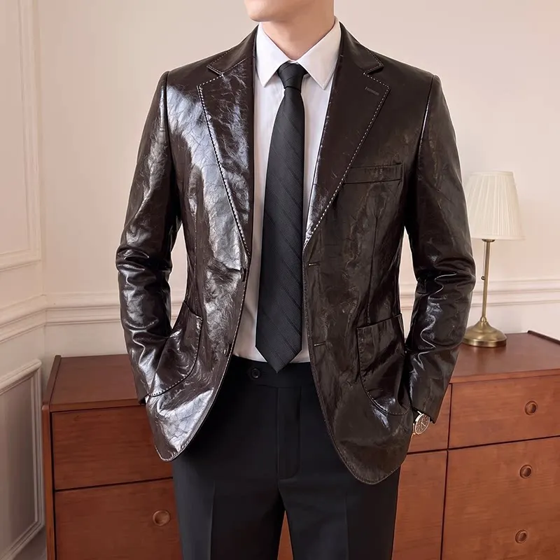 PU Leather Blazer Jackets Men High Quality Korean Luxury Slim Fit Business Casual Men's Blazers Single Breasted Suit Coats Man