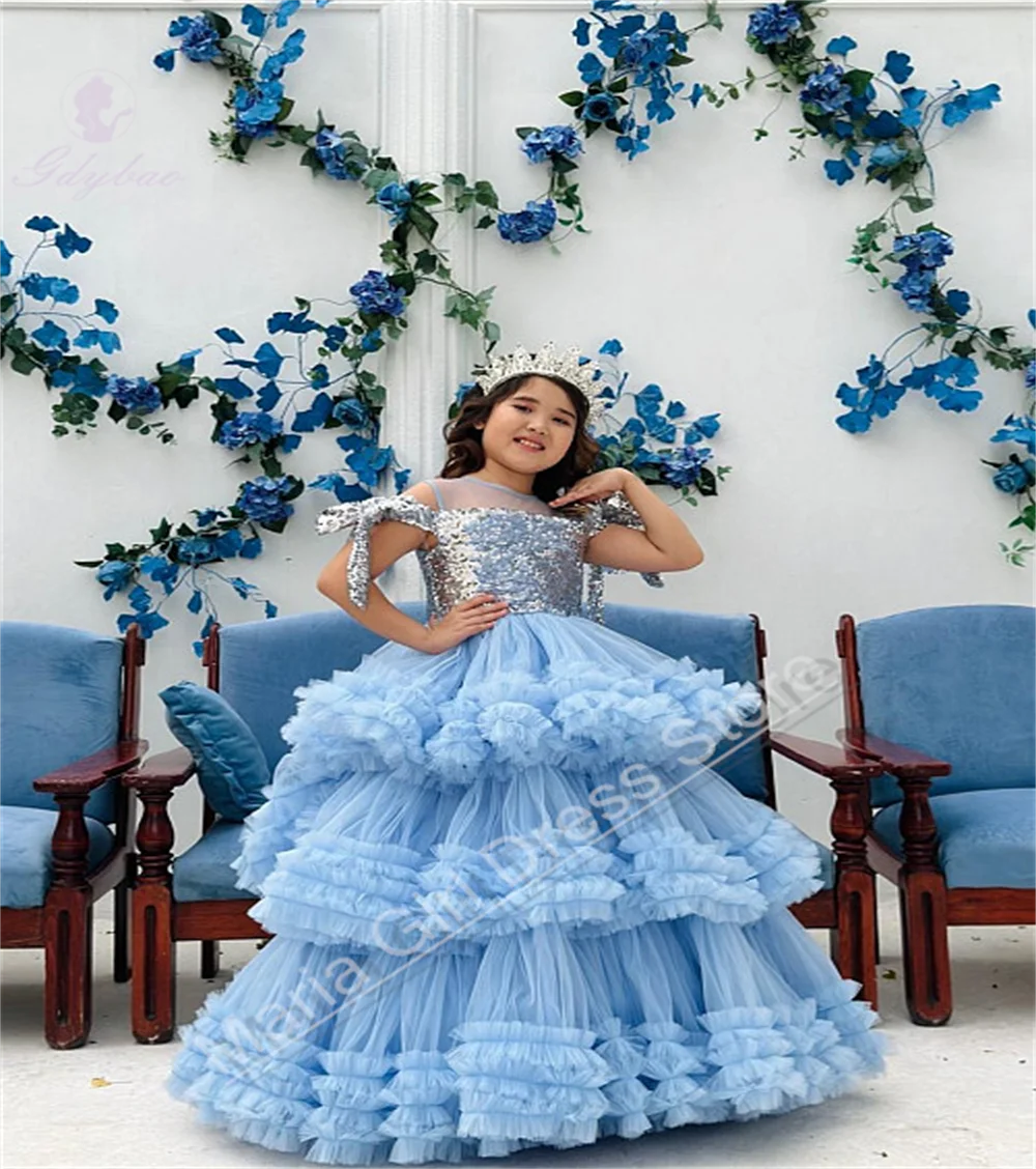 Luxury Light Blue Sparkling Girl's Ceremonial Dress For First Communion Party Birthday Formal Occasion Performances