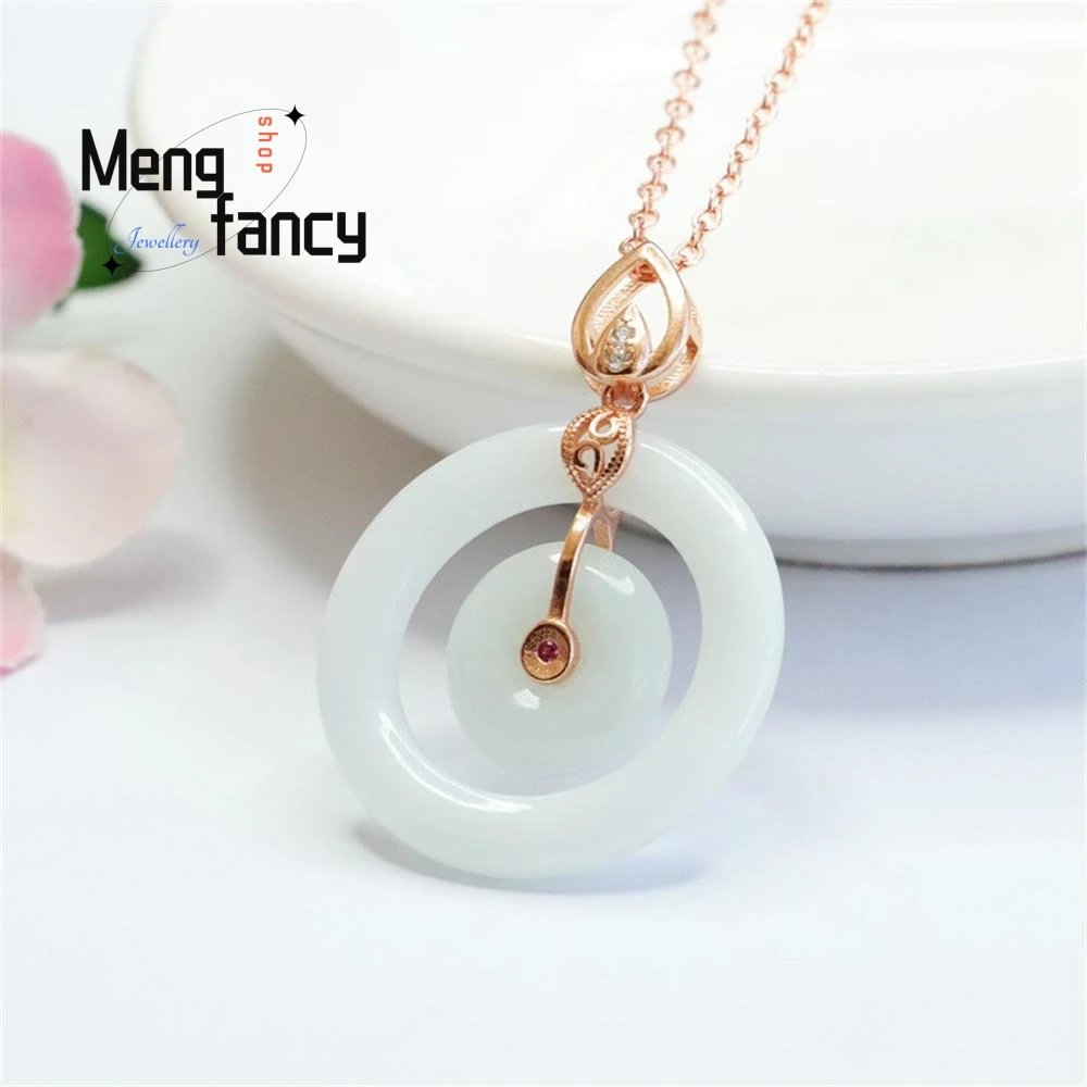 S925 Silver Inlaid Natural Jadeite Mother and Child Buckle Jade Pendant Exquisite Elegant Simple High-grade Fashion Fine Jewelry