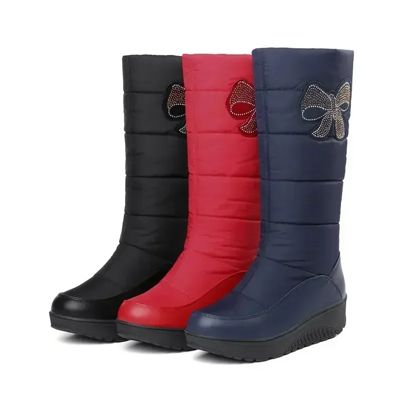 Red Crystal Bowtie Women Mid-calf Snow Boots Waterproof Black Down Wedge Platform Heels Slip-on Warm Fur Winter Lady Half Boots