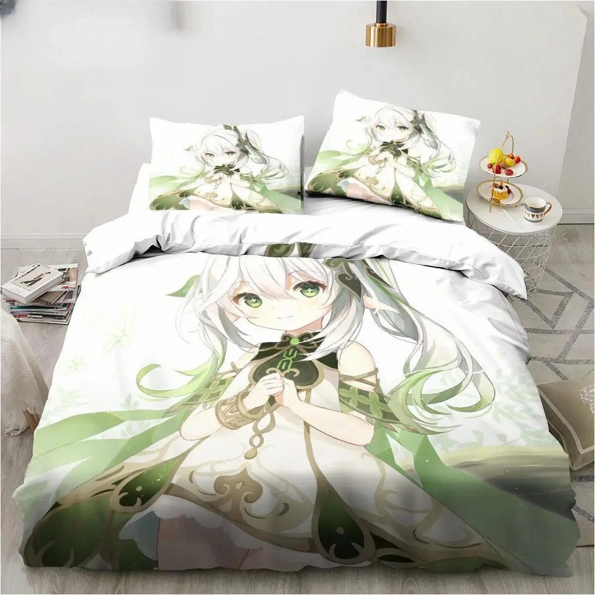 Conjunto de cama Genshin Impact Nahida, Kawaii, desenhos animados bonitos, Nahida, rei, gêmeo, filho duplo, microfibra ou poliéster capa de edredão, novo