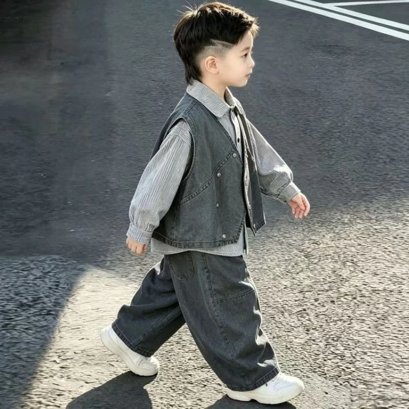 2026 Autumn Boys Clothing Set Korean Style Denim Vest Pants Shirt Casual Fashion Outfits Kids Streetwear