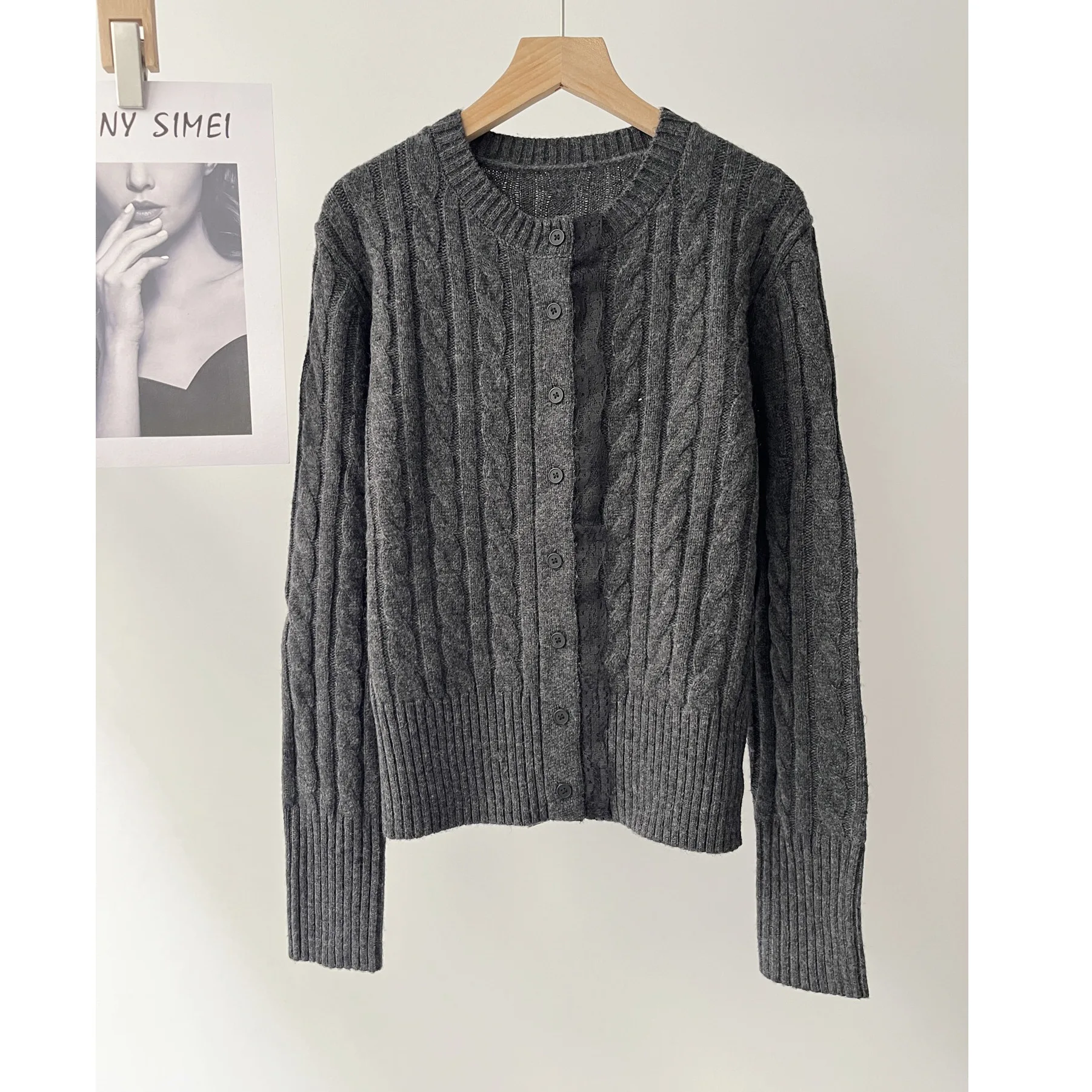 

Lace splicing wool gray knitted cardigan sweater women 15a-2035
