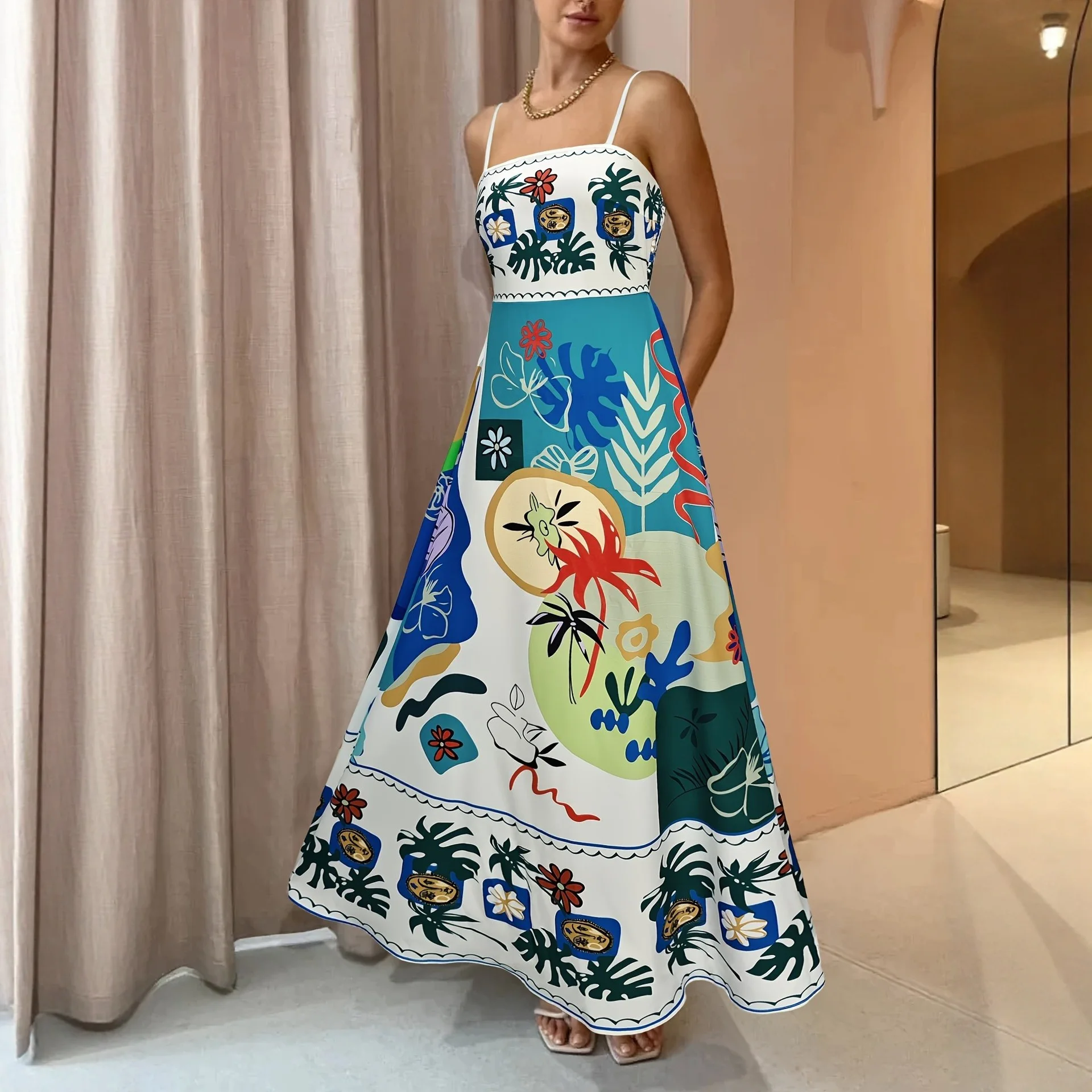 Abito longuette senza spalline con stampa astratta colorata Donna Estate Sun Face Graffiti Boho Beach A-Line Vestito estivo Abiti da festa