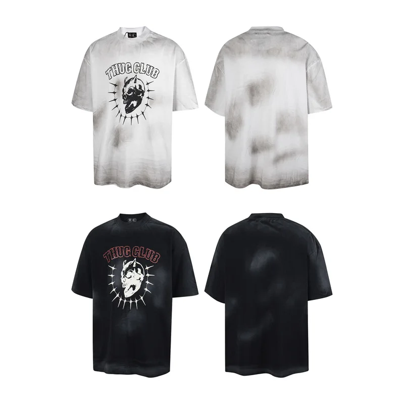 Thug Club Street Hip Hop Skull Demonstration Embroidered Dirty Vintage Loose Men's and Women's Short-Sleeved T-Shirt Trendy