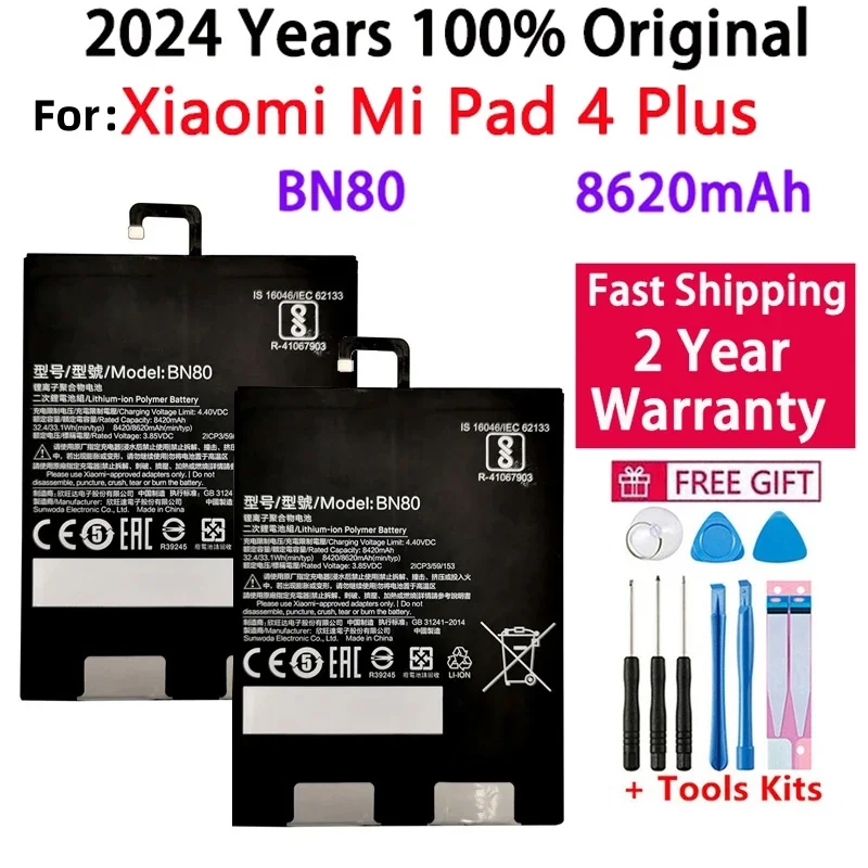 Replacement Battery For Xiaomi Pad 4 Plus Tablet, 100% Original Battery, High Capacity, 8420mAh, Tools Kits, BN80