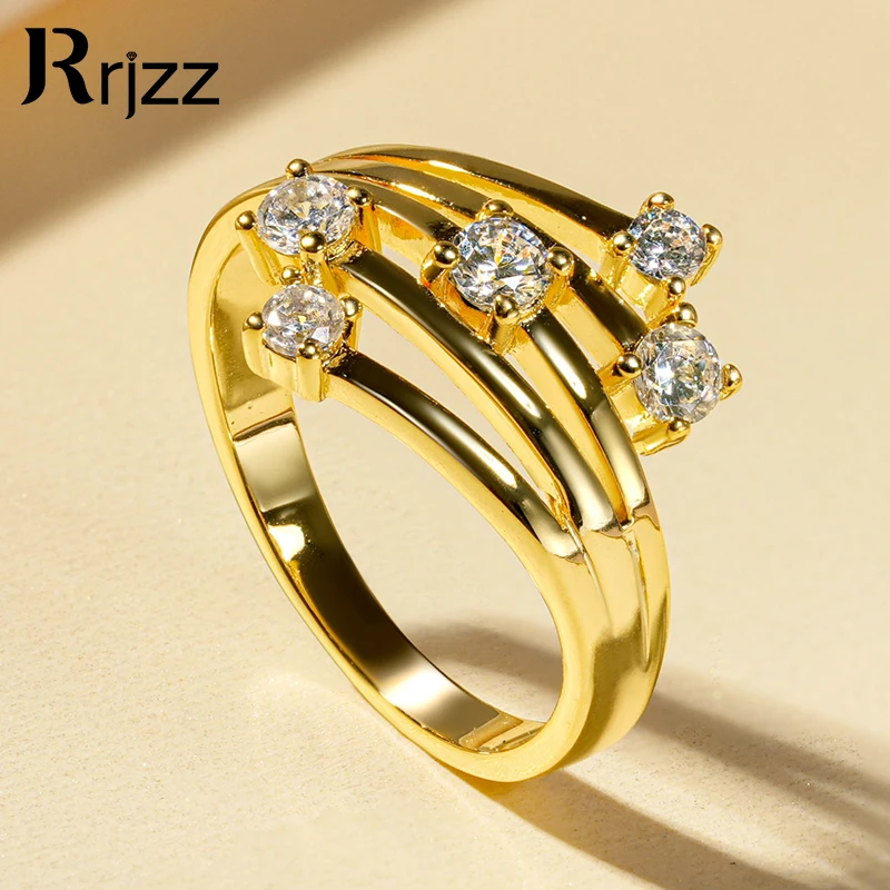 Rrjzz 14 Karat vergoldete Twist-Band-Ringe, runder Schliff, funkelnder AAAAA-CZ-Simulationsdiamantring für Frauen, Jahrestag, Schmuck, Geschenke