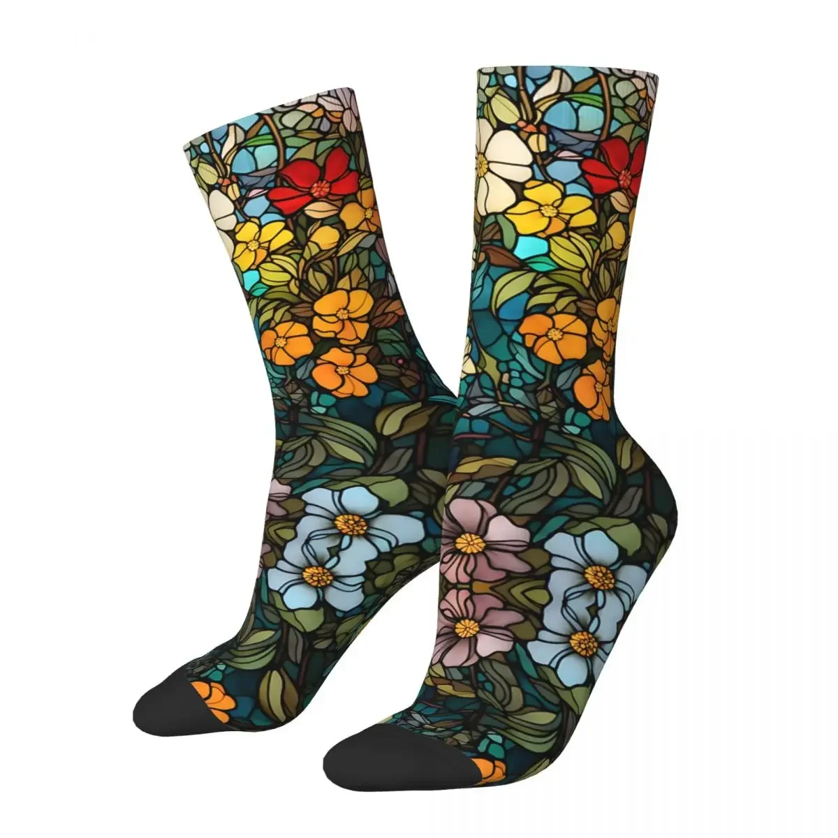 Crazy compression Floral Stained Glass Window Sock for Men Vintage Seamless Pattern Crew Sock Casual