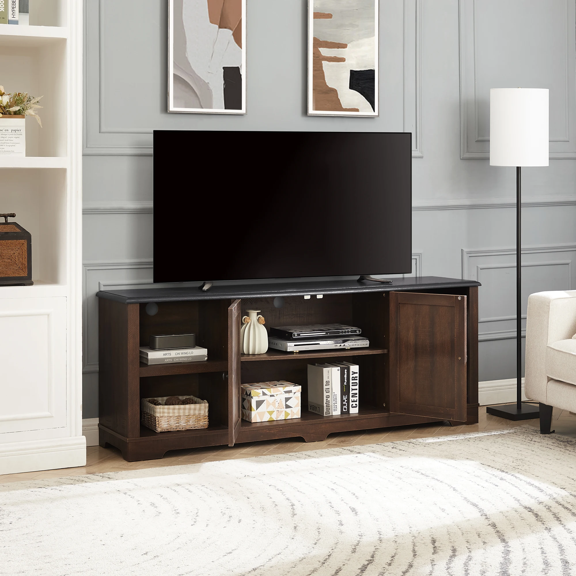 Modern Farmhouse TV Media Stand, Large Barn Inspired Home Entertainment Console, for TV Up to 80'', with Open Shelves and Closed