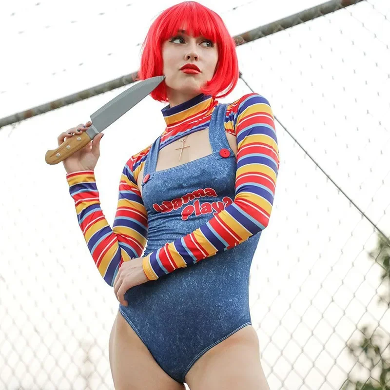 Disfraz de muñeca Chucky de película para mujer adulta, disfraz de pesadilla aterradora, asesino, quiero jugar, Top, mono, traje, uniforme de Halloween