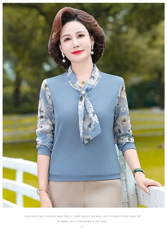 T-shirt da donna di mezza età in stile occidentale della mamma Top a maniche lunghe di mezza età e anziani