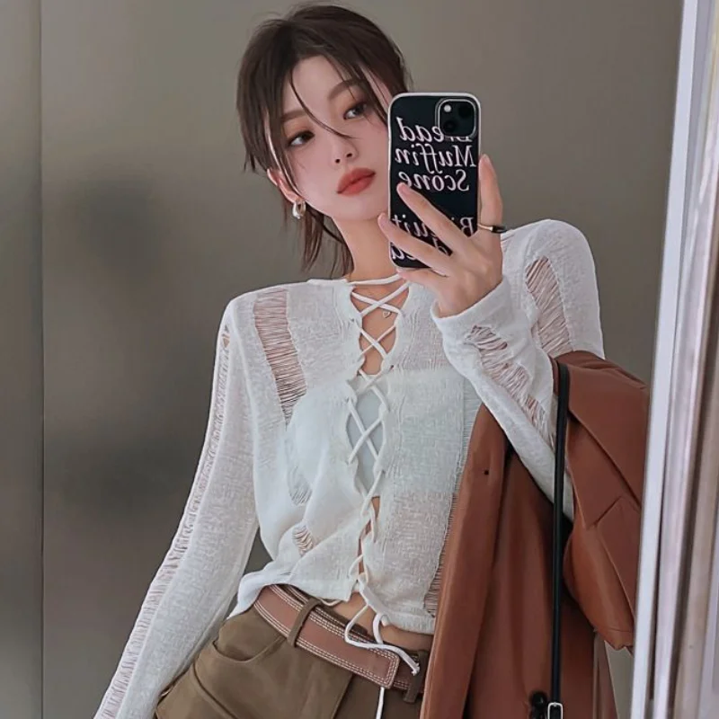 

Pullovers for Women Hollow Out Design Solid O-neck Spring All-match Cropped Daily Chic Tender Korean Style Fashion Casual Свитер