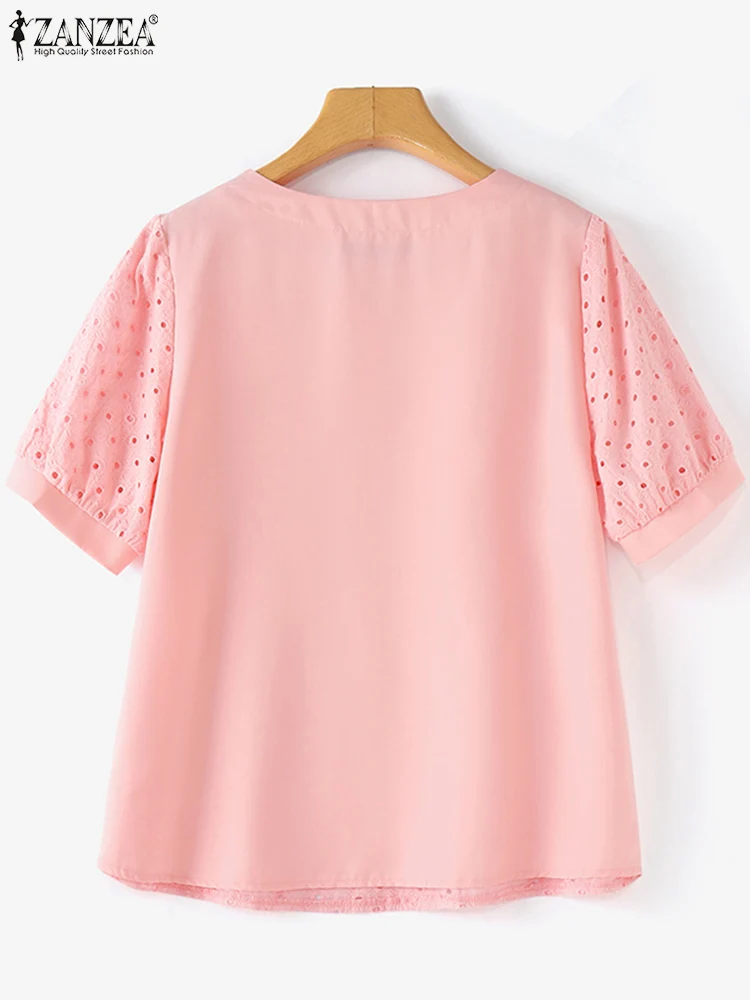 ZANZEA Stylish O Neck Tunic Tops Casual 2024 Summer Women Solid Color Shirts Hollow Out Lace Short Puff Sleeve Elegant Blouses