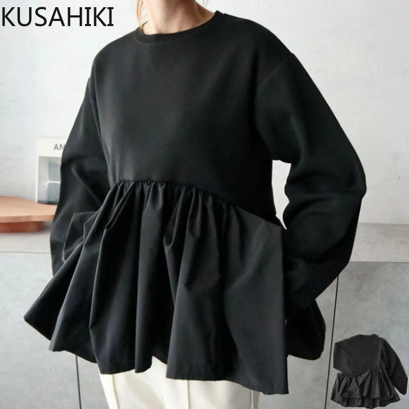 KUSAHIKI New Knitted Sweater Splicing Women\'s Fashion Coat Causal Ruffle Long Sleeve Round Neck Pullover Knitwear Tops