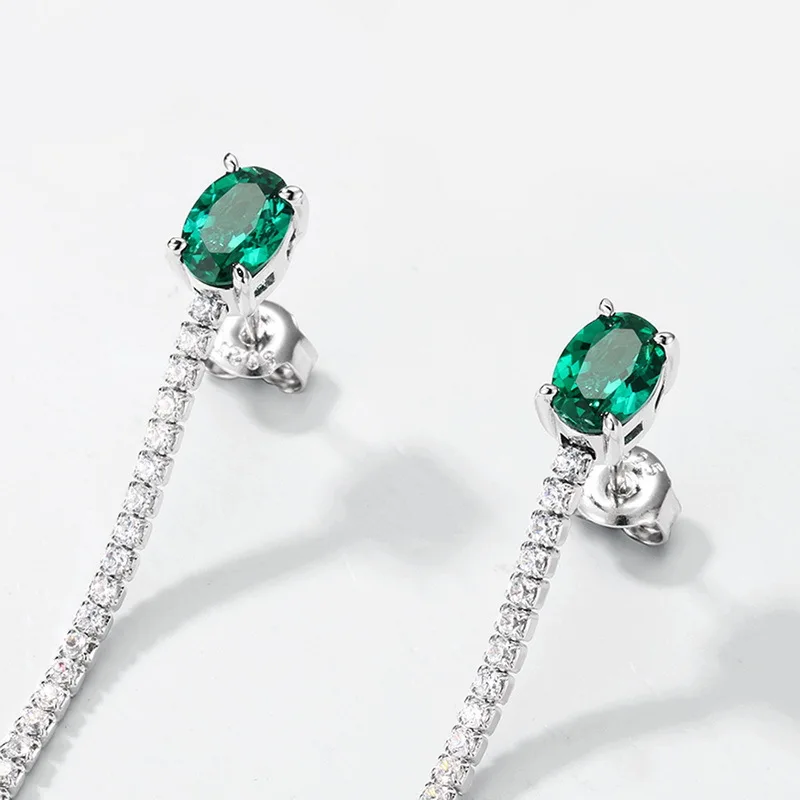 TBCYD البيضاوي الزمرد شرابة الأقراط S925 فضة شرابة الزمرد مع مختبر الأخضر المزروع نمت جوهرة طقم من الحلقان #5